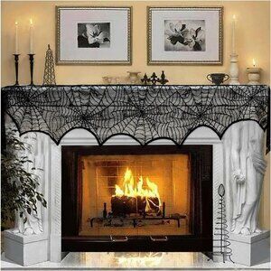 Halloween Decoration Black Lace Spiderweb Fireplace Mantle Scarf Cover Festive P